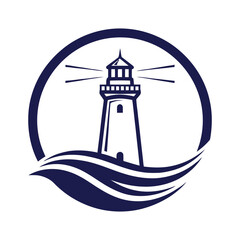 Nautical lighthouse emblem with wavy water and circular border