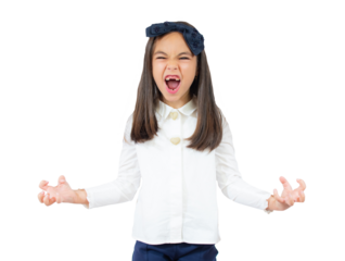 Angry child girl with screaming expression on transparent background. PNG transparent