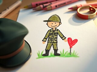 Child’s Drawing of a Hero.Cute hand-drawn picture of a soldier with a heart, symbolizing love, pride, and family connection. Concept of military family support and gratitude.