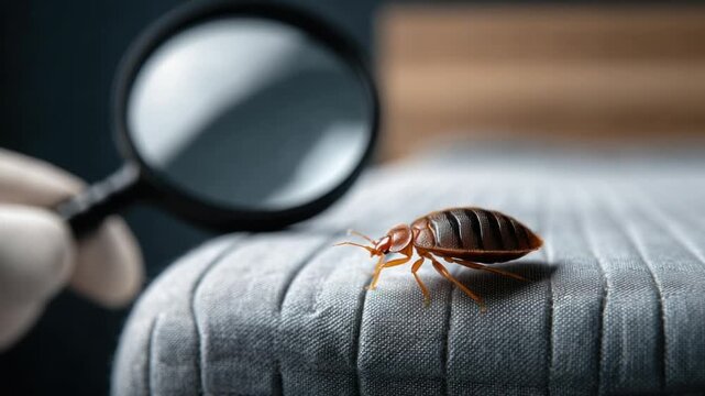 Close-up of a bed bug on a gray fabric, with a magnifying glass in the foreground