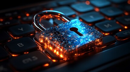 Glowing padlock resting atop a computer keyboard with orange backlight keys