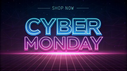 Fototapeta premium Cyber monday text with neon glow and grid background