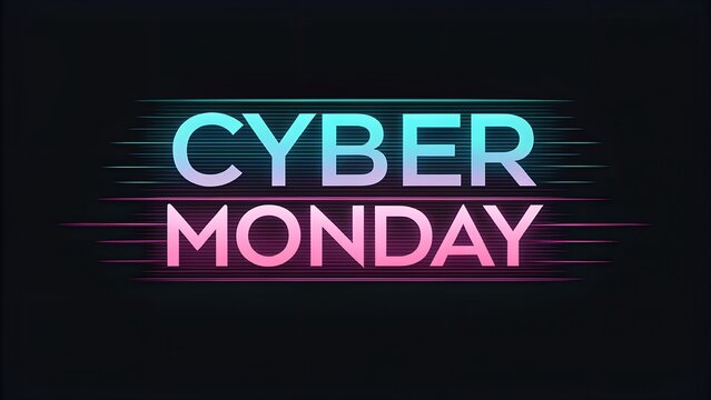 Cyber monday neon text glowing on black background with light streaks