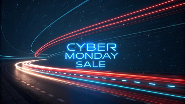 Cyber monday sale with light trails on a starry night road