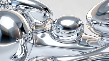 reflective chrome blobs, liquid metal forms, futuristic smooth s