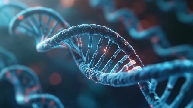 Close-up of glowing DNA double helix with red base pair highlights, set against blurred blue cellular background.