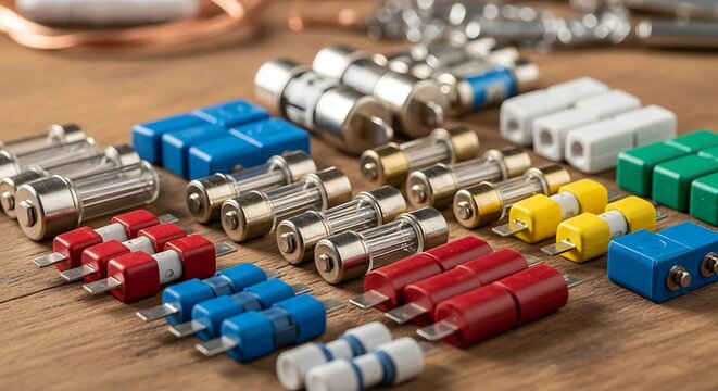 Assortment of various electrical connectors and fuses on a wooden surface.