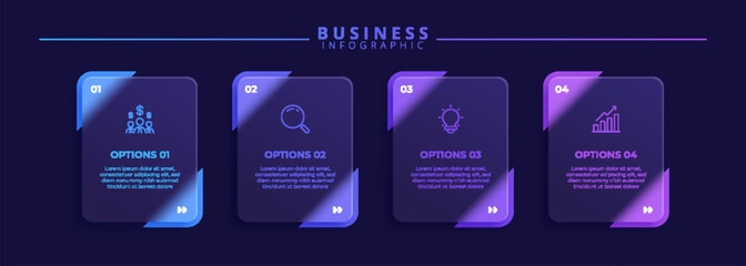 Infographic label design template featuring icons and four distinct steps. Ideal for process charts, presentation slides, workflow schemes, banners, flow diagrams, data visualizations.