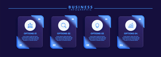 Infographic label design template featuring icons and four distinct steps. Ideal for process charts, presentation slides, workflow schemes, banners, diagrams, data visualizations.