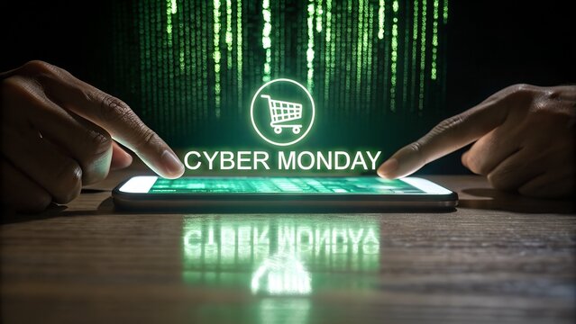 Hands pointing at smartphone displaying cyber monday sale with digital background