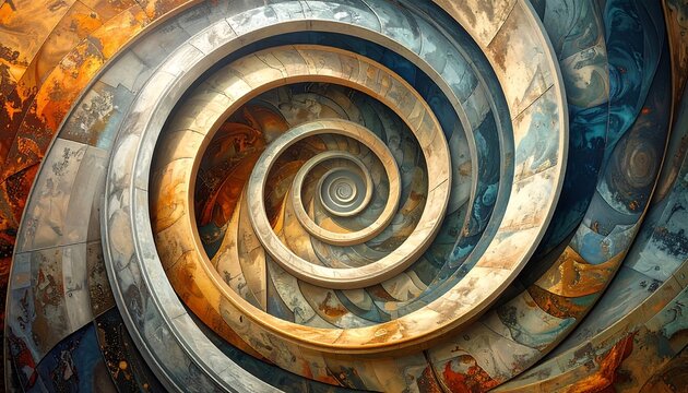 Abstract spiral design with a multi-colored effect, featuring a detailed geometric construction reminiscent of a chambered nautilus