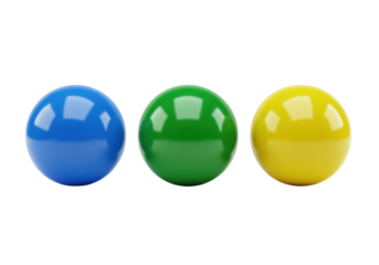 Isolated group of colorful spheres blue green yellow toy object, no background
