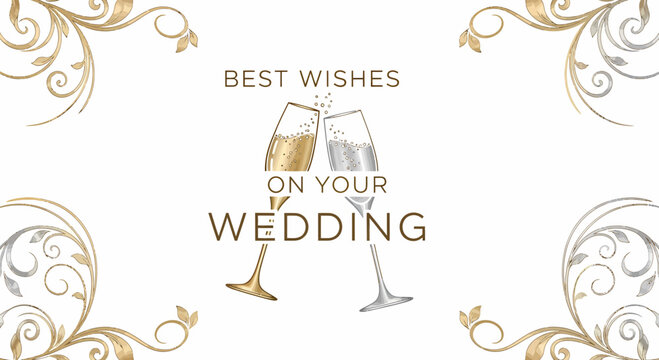 Elegant wedding celebration greeting with champagne toast and ornate floral borders, perfect for invitations or announcements.