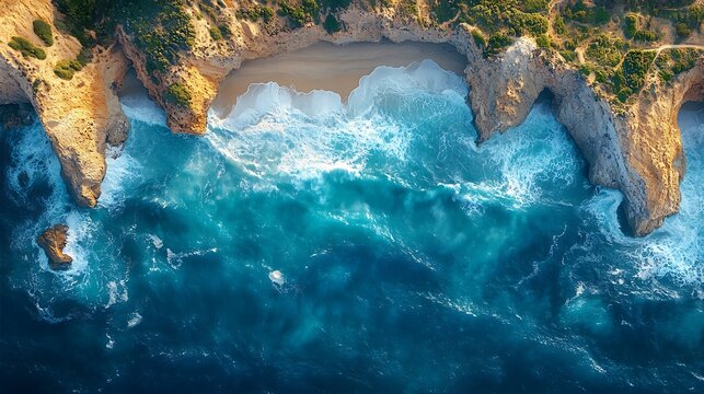 Aerial view of a coastline with cliffs and ocean waves crashing shoreline