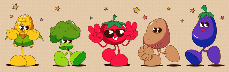 Cartoon vegetable character set with retro styling - yellow corn, green broccoli, red tomato with sunglasses, brown potato and purple eggplant with expressive faces and limbs for mascot design.