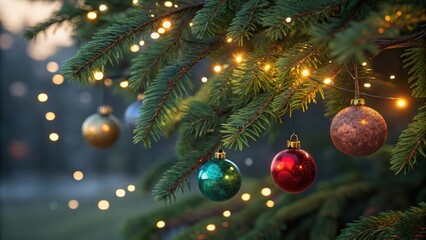 Close up of festive christmas tree with ornaments and lights