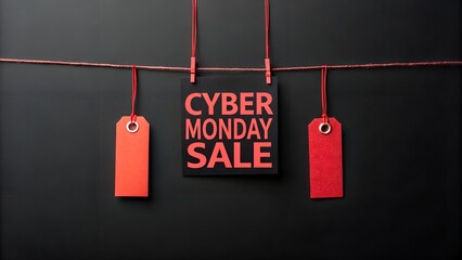 Cyber monday sale tags hanging on a string against a black background