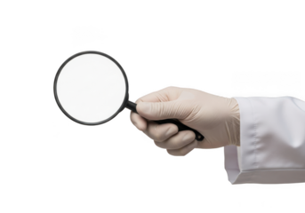 Magnifier in hand with glove isolated on transparent background
