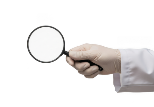 Magnifier in hand with glove isolated on transparent background - Powered by Adobe