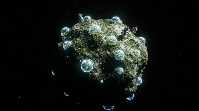 Asteroid Transforming Into Earth With Green Vegetation Growing on Surface