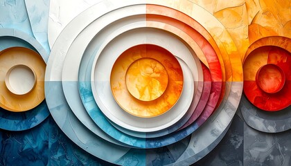 Abstract artwork showcasing layered circular forms with a textured, multicolored surface. The artwork utilizes a vibrant palette ranging from blues to oranges