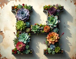 An elegant, textured capital letter "H" is filled with vibrant, colorful succulents. The backdrop is a mottled, beige wall