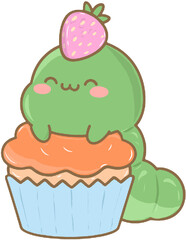 Cute Cartoon Caterpillar Cupcake with Strawberry Topping Illustration
