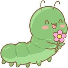 Adorable cartoon caterpillar with a big smile, holding a pink flower.