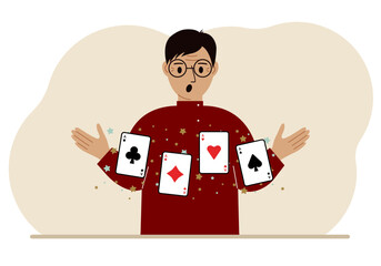 Man holding playing cards cards. Playing combination of 4 aces or four of a kind.