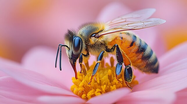 A honeybee collecting pollen from a flower with pink petals in the garden
