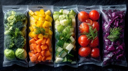 Overhead shot of fresh, colorful chopped vegetables in vacuum-sealed bags, neatly arranged on a dark slate countertop for a healthy meal prep concept.