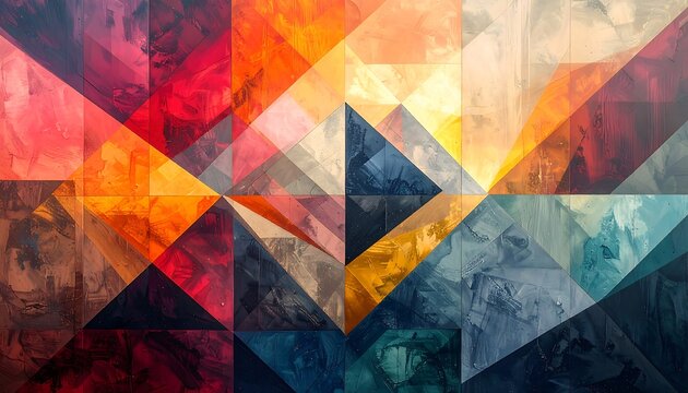 An abstract geometric painting with textured, overlapping triangular and rectangular shapes in vibrant, warm and cool color blocks
