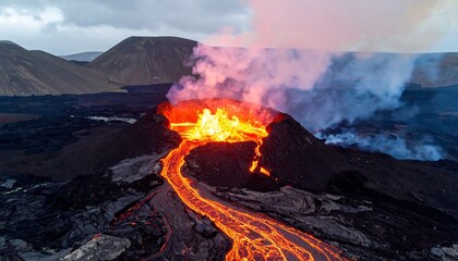Aerial shot of a volcanic eruption, spewing fiery lava. Molten river flows down the cone, with smoke rising. Barren landscape surrounds