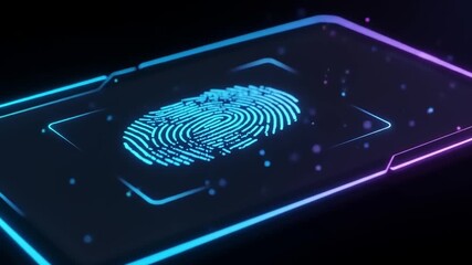 Digital fingerprint scanning interface with glowing edges and particles, showcasing advanced technology - Powered by Adobe