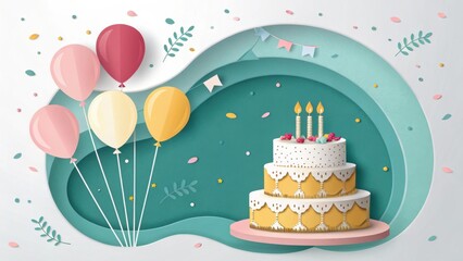 Happy birthday celebration with cake and balloons fun graphic
