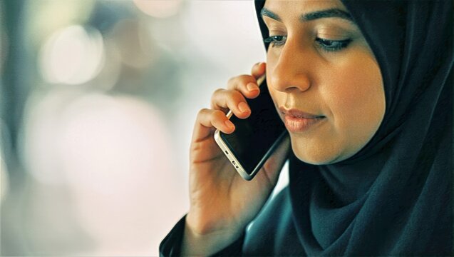 Black hijab woman holding smartphone to ear focused expression soft bokeh lights modern indoor setting, Professional Phone Call