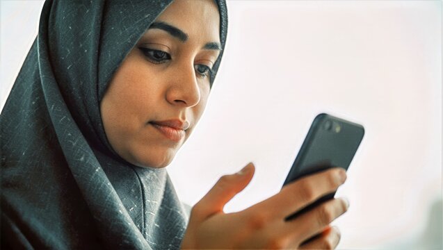 Young woman in gray hijab holding smartphone with both hands focused expression patterned fabric background, Modern Mobile Usage