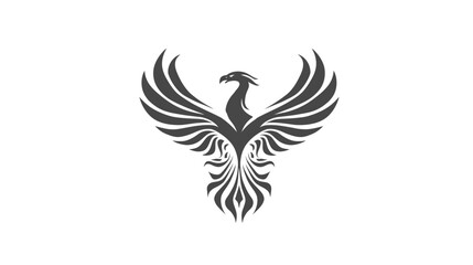 A stylized image of a bird-like figure with spread wings, in shades of grey against a white backdrop