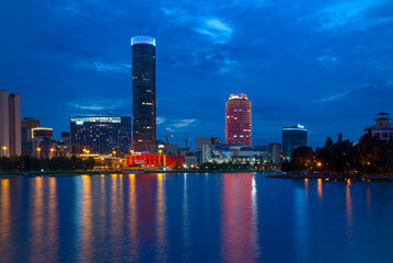 View of the embankment of the Iset River on a summer night, Yekaterinburg