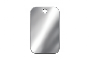 Blank metal dog tag or military identification tag, silver shiny metallic surface, transparent background