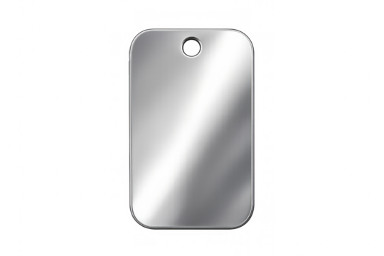 Blank metal dog tag or military identification tag, silver shiny metallic surface, transparent background