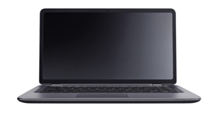 Modern laptop computer with black screen, sleek silver design, portable technology device for business and education use on white background