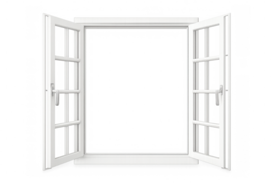 White open casement window frame with mullions on transparent background, symbolizing new opportunities and fresh air
