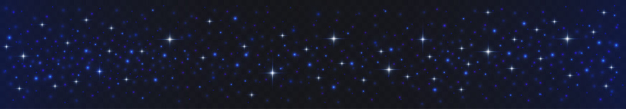 Galaxy background with blue glitter particles. Vector realistic illustration of dark space with shining dots and shimmering stars, black night sky panorama, cosmic stardust lights design, magic effect