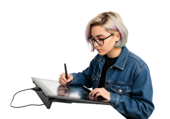 Young female graphic designer with colorful hair drawing on a graphics tablet. A creative artist working on a digital drawing tablet. Isolated on transparent background, png.
