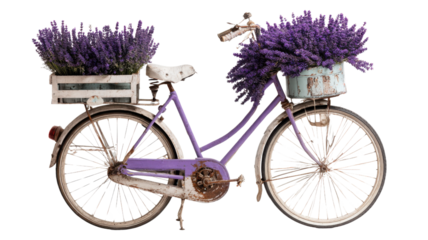Vintage lavender bicycle decorated with rustic wooden crates filled with fresh purple flowers, romantic countryside floral decoration concept on white background