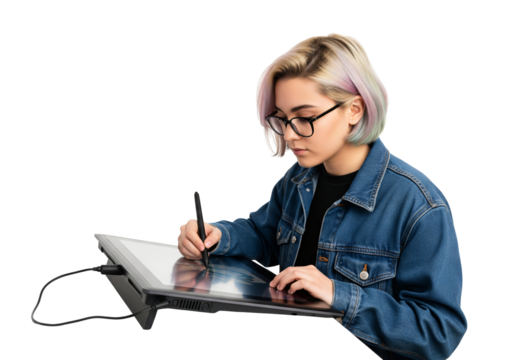 Young female graphic designer with colorful hair drawing on a graphics tablet. A creative artist working on a digital drawing tablet. Isolated on transparent background, png.