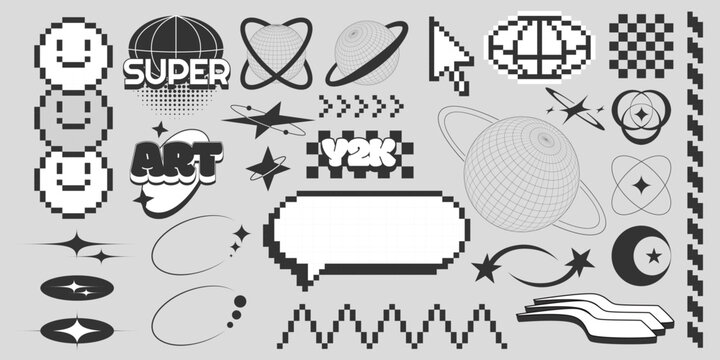 Retro y2k sticker icon set with pixel art smiling faces and wireframe spheres for nostalgic digital design. Black and white graphics with stars, orbits and checkerboard patterns. Vintage elements.