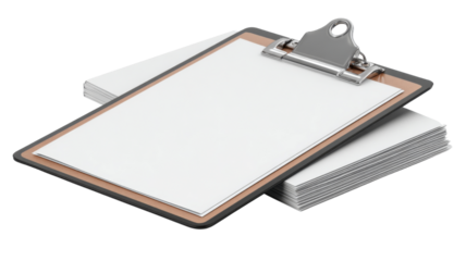 Office clipboard with blank white paper stack for business note taking documentation writing and office organization concept isolated on white background