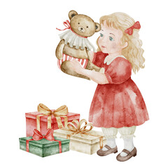 Watercolor illustration of a girl in red dress with teddy bear near Christmas gifts. Drawing of cute child for festive Xmas greeting cards, New Year invitations and posters. Art of kid with presents.